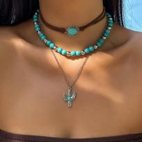 1PC Retro Imitation Turquoise Cow Head Collarbone Chain Beaded Necklace Set Ethnic Style Cactus Necklace