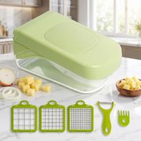 Multifunctional Vegetable Chopper with Container Onion Potato Dicer Slicer Grater Kitchen Food Cutter with 3 Interchangeable Blades and Peeler One Size žalia