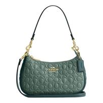 COACH Teri 24 Logo Printed Logo Leather Shoulder Bag Medium Unisex Couple Style Dark Turquoise žalia