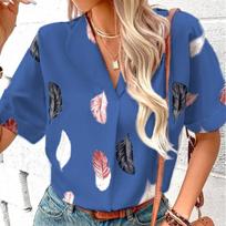 Vasaros plunksnomis marginta palaidinė Madinga apykaklė Laisvalaikio marškinėliai trumpomis rankovėmis Elegantiški laisvi drabužiai Blusas Femininas 25970 S mėlyna