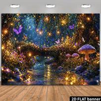 2D Enchanted Forest Backdrop, Magical Night Mushroom & Butterfly Photography Background 47.2x31.5inch/120*80cm