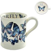 Retro Butterfly Pattern Ceramic Coffee Mug 350ml, Cream Color Porcelain Cup, Elegant Blue Butterfly Decor Tea Cup, Drinking Mug for Women Gift mėlyna