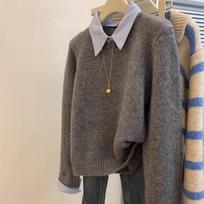 Fake Two Shirts Sweater Collar, Lazy Autumn and Winter Base Gray Knit Sweater Top Knitted M pilka spalva