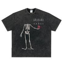 Imagine Dragons Bones Skull Vintage Washed T Shirt Rock Band Music Tshirt Men Women Clothing Cotton Loose Short Sleeve Tshirts M