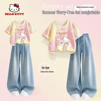 Hello Kitty Girls' Summer Cotton T-shirt & Wide-Leg Jeans Set 160