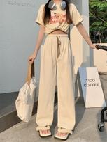 Large size corduroy ultra-fine strip wide-leg pants women's autumn double drawstring smiley face belt casual pants high waist straight pants Plus size (around 70-90kg)