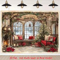 2D Vintage Christmas Living Room Backdrop with Fireplace & Tree Decor 47.2x31.5inch/120*80cm
