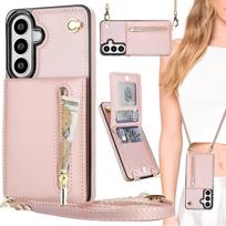 Crossbody wallet case for Samsung Galaxy S26, with zippered pocket and PU leather lanyard rožinė