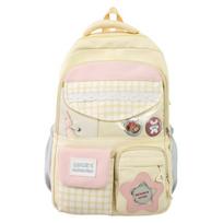 Plaid Backpack Junior High School Student Lightweight Schoolbag Color Block Large Capacity Backpack geltona