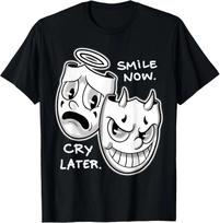 Smile Now Cry Later Angel Devil Happy Sad Vintage Cartoon T-Shirt S