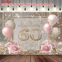 2D Pink Gold Glitter 60th Birthday Backdrop Home Party Celebration Photo Background 47.2x31.5inch/120*80cm
