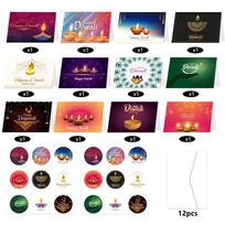 Diwali šventės sveikinimo atvirukai su vokais ir šventiniais lipdukais vakarėlio dekoravimui