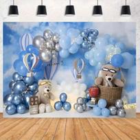 2D Bear Aviator Hot Air Balloon Backdrop for Gender Reveal Party 47.2x31.5inch/120*80cm