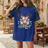 Women's Casual Denim Patch T-Shirt Oktoberfest Graphic Tee Comfortable Short Sleeve Loose Fit Top S mėlyna
