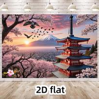 2D Mount Fuji Cherry Blossom Backdrop, Pagoda & Birds Background Cloth 47.2x31.5inch/120*80cm