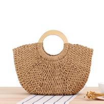 Mori Style Large Capacity Hand-Woven Rope Handbag with Wooden Handle kupranugaris