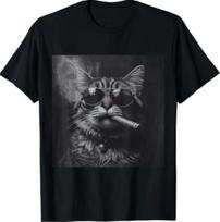 Smoking Cat Moody Noir Black and White Art Funny T-Shirt 4XL