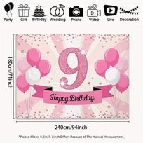 2D Pink 9th Birthday Backdrop with Diamond Number 9 & Balloons 47.2x31.5inch/120*80cm