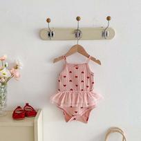 Sweet Cute Summer Baby Girl Onesies Butterfly And Heart Print Cotton Baby Mesh Skirt Bodysuit Simple Comfortable Baby Romper Height 90cm