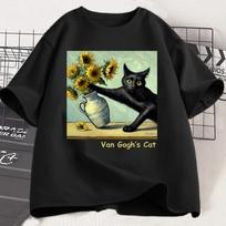 Van Gogh Cat Art Print T-shirt Fun Pattern T-shirt Trendy Summer Loose Short Sleeve T-shirt Women's Harajuku Top Women Clothing M