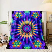 A vibrant, symmetrical floral mandala with neon colors and glowing petals. for all seasons blanket lunch break throw gift 80cm x 120cm