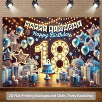 2D Blue Neon 18th Birthday Party Backdrop, Light-up 18 & Balloon Photo Booth Background 47.2x31.5inch/120*80cm