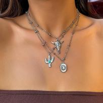 Vintage Turquoise Bull Head Cactus Ethnic Beaded Choker Necklace Set Bohemian Jewelry
