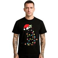 Black Cat Christmas Lights Santa Party Mens T Shirt Joke Gift Funny Xmas Tee Top S įvairiaspalvis