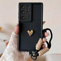 Phone Case For Samsung Galaxy S25 Ultra S23 S22 Plus S24 S21 FE A56 A55 A36 A35 A26 A16 A15 5G 3D Gold Heart Love Wrist Strap Galaxy S24 juoda