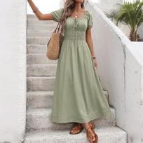 Moteriška vasarinė suknelė kvadratine iškirpte ir pūstomis rankovėmis, laisvalaikio boho stiliaus, surišama priekyje, su surištu juosmeniu, midi ilgio, skirta atostogoms S