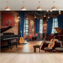 2D Vintage Music Studio Backdrop Brick Wall Photography Background for Live Streaming 47.2x31.5inch/120*80cm