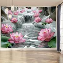 2D Pink Lotus Waterfall Backdrop Zen Garden Pond Photo Background 47.2x31.5inch/120*80cm