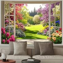 2D Open Window Garden Background Cloth Lush Greenery & Colorful Spring Blooms Decor 47.2x31.5inch/120*80cm