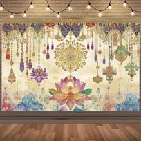 2D Ethnic Floral Background Cloth Golden Mandala and Lotus with Bohemian Tassels Decor 47.2x31.5inch/120*80cm