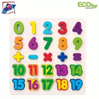 Woody 90069 Eco medinis mokomasis ir linksmas galvosūkis – mokykitės skaičių ir matematikos 3 m.+ (25 vnt.) (30x30cm)