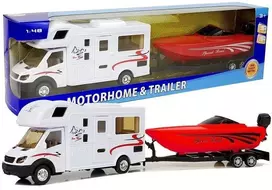 Lean Toys Žaislinis kemperis su raudona motorine valtimi 1:48