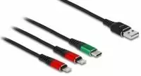 „Delock“ USB įkrovimo laidas „3 viename“ nuo A tipo iki 2 x „Lightning“ / „C“ tipo USB laidas, 1 m