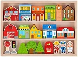 Tooky Toys Paimtas žaislinis medinis pastatų komplektas ir „Figurines City“