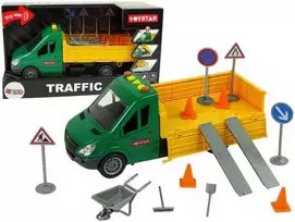 Kelio darbų automobilis su kelio ženklais ir priedais