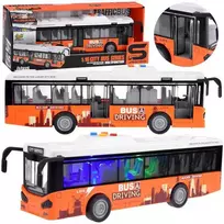 Didelis autobusas su garsais ir šviesomis, oranžinis