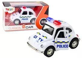 Klasikinis policijos automobilis su garsais ir šviesom, baltas