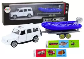 Lean Toys Baltas visureigis su priekaba ir motorine valtimi vaikams