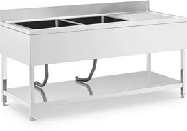 Royal Catering Dviejų dubenių baseino kriauklė su kanalizacija, lentyna ir apvadu 180 x 70 x 97 cm