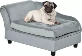 PawHut sofa šunims su kilimėliu ir laikymo vieta, natūrali mediena, šviesiai mėlyna, 76x45x41,5 cm