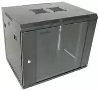 XtendLan 19" sieninė spinta 12U 600x600, keliamoji galia 60 kg, stiklinės durelės, išskleistos, juodos