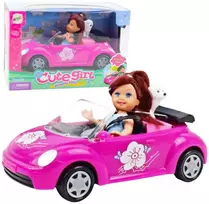 Lean Toys Lėlė rožiniame konvertuojamame automobilyje su šuniuku