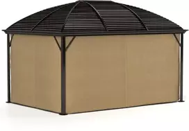 "Outsunny" pavėsinė su kietu stogu, 4x3 m vandeniui atspari, stabili, žiemai atspari sodo pavėsinė su tinkleliu nuo uodų, kabliais, šoninėmis dalimis, arkiniu stogu, aliuminio sodo pavėsinė, skirta sodui, terasai, ruda