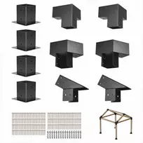 Pavėsinės rinkinys, smailiastogio stogo laikikliai 92 x 92 mm sijoms, 14 dalių komplektas su stulpų pagrindais ir kraigo laikikliais, lauko pavėsinės stoginės montavimo rinkinys