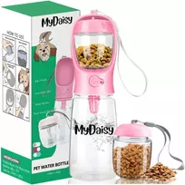 MYDAISY vandens butelis šunims, 550 ml talpos, su 100 g maisto konteineriu, sandarus, baltas