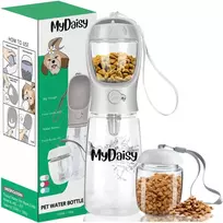 MYDAISY kelioninis vandens butelis šunims, 550 ml talpa, integruotas 100 g maisto konteineris, baltas
